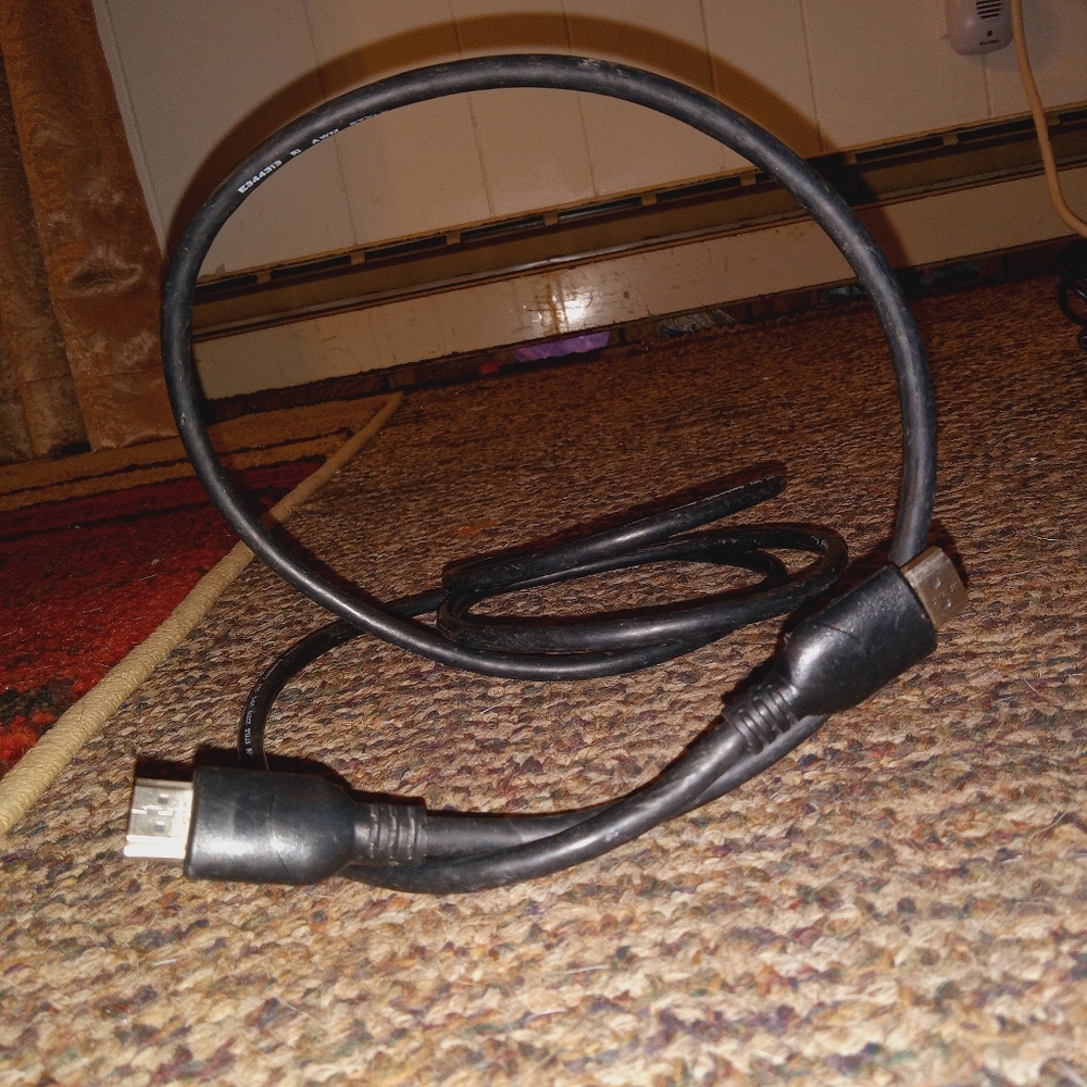 Random cords 1 hdmi long. 1 short hdmi cord. Rca cables.3 circle port. Aux - usb